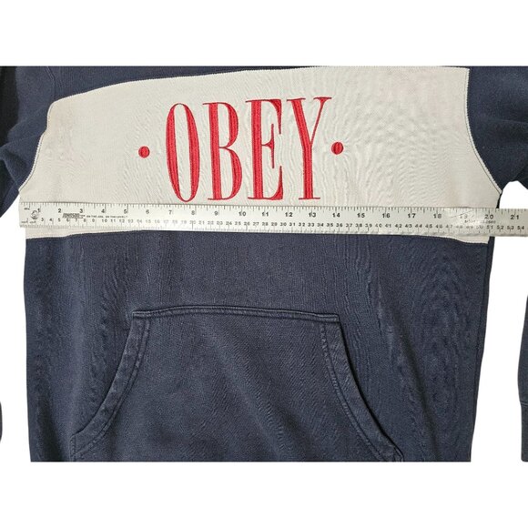 Obey Navy & Cream Hoodie With Red Logo Print Size Small - Picture 2 of 10